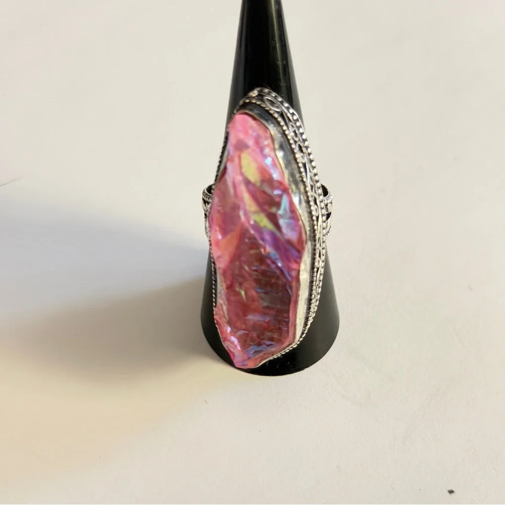 New Artesian Angel Aura Quartz Statement Ring 925 Sterling Silver (Stamped)